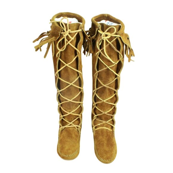 Minnetonka Brown Suede Knee High Lace Up Moccasins Festival Fringe Size 6 - Picture 5 of 8